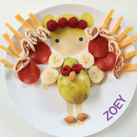 Dylbug Personalized Little Me Dress Up Plate - Dressed up with fruits and veggies as a turkey - mealtime fun for kids