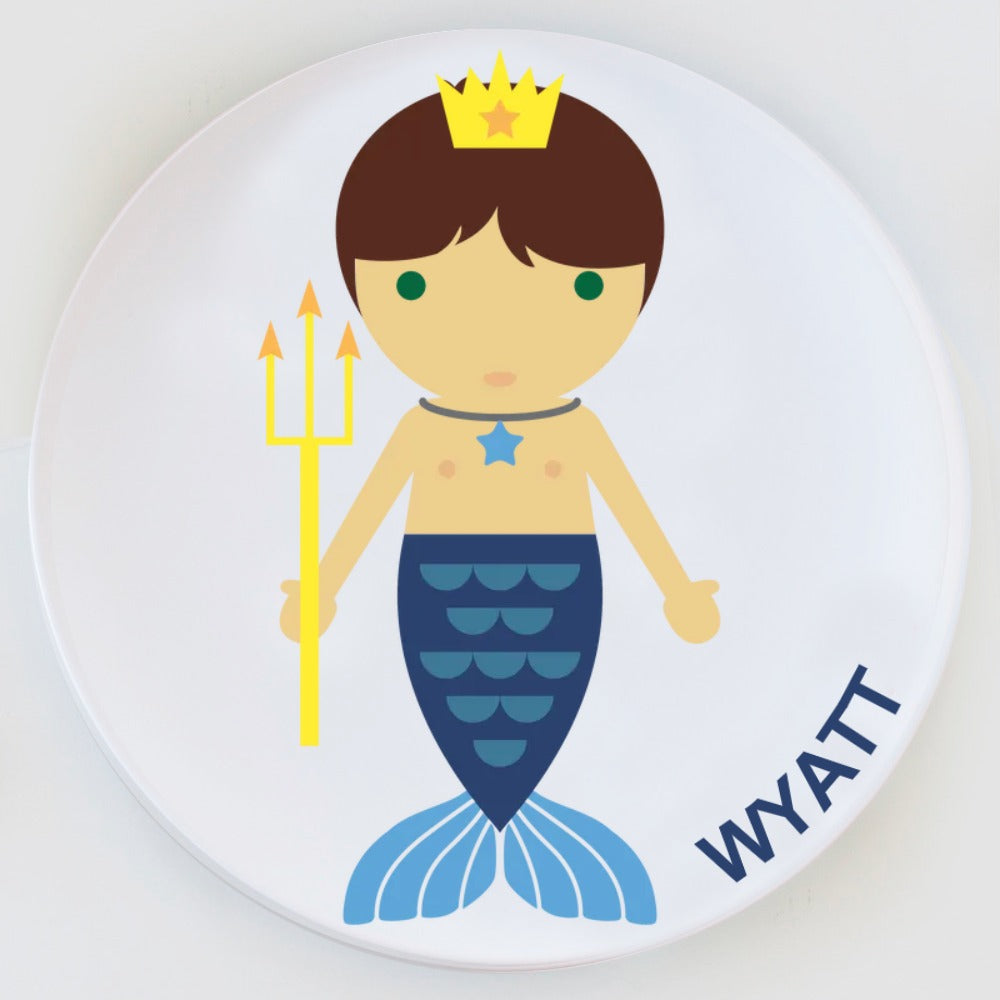 Dylbug little me Merman plate with blue tail. Customize to look just like the little boy in your life.