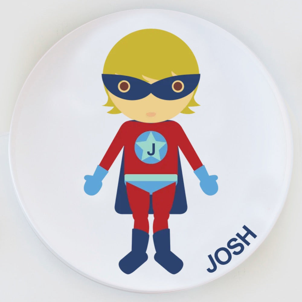 Dylbug personalized superhero boy plate in red. Customize skin tone, hair style, hair color, eye color to look just like your little one.