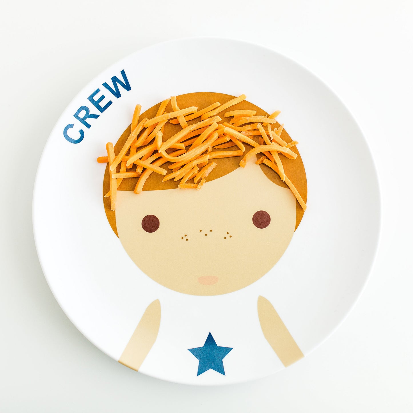 Dylbug personalized Little Me Face Plate in blue dressed up with healthy food and fun carrot hair making meal time fun for picky eaters.