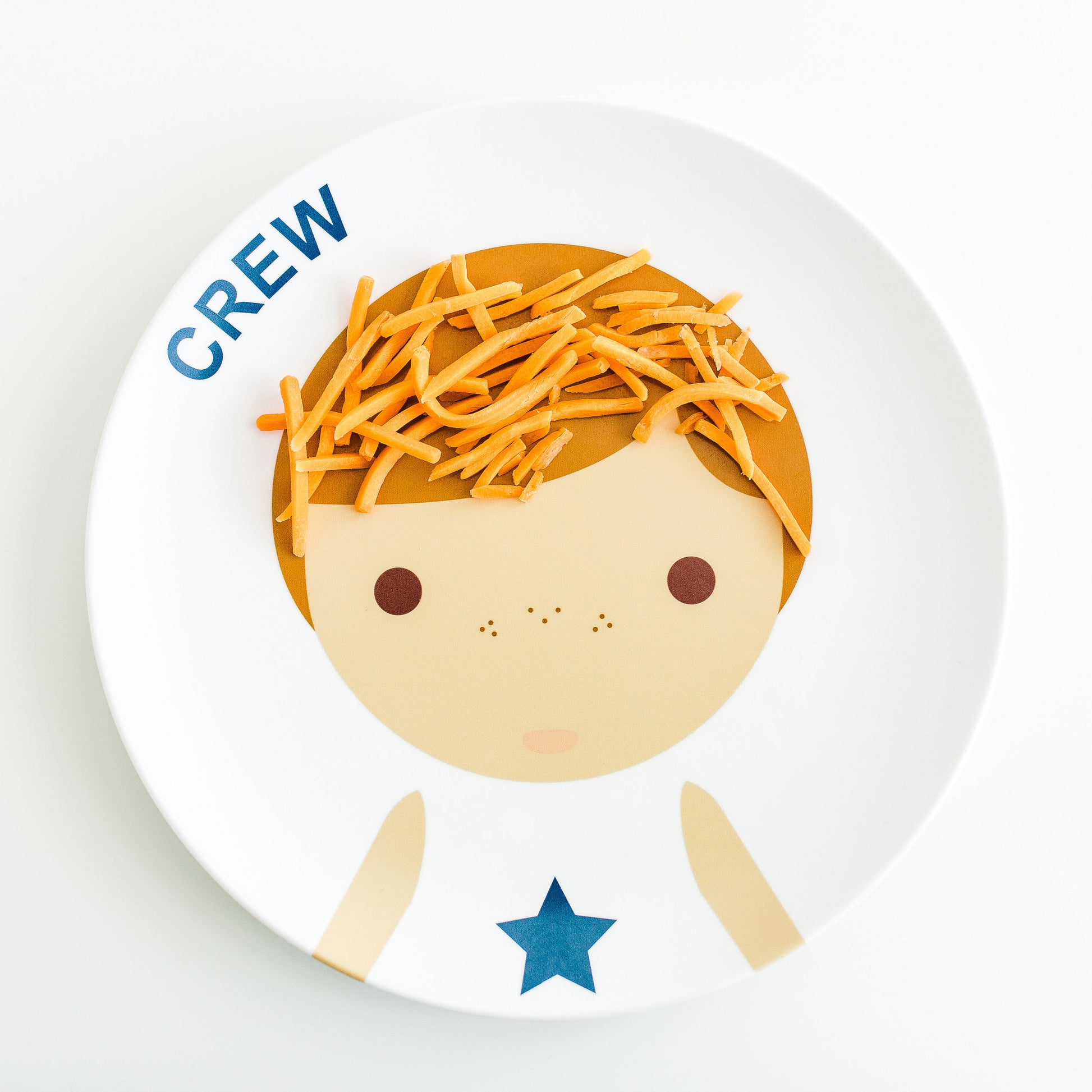 Dylbug personalized Little Me Face Plate in blue dressed up with healthy food and fun carrot hair making meal time fun for picky eaters.