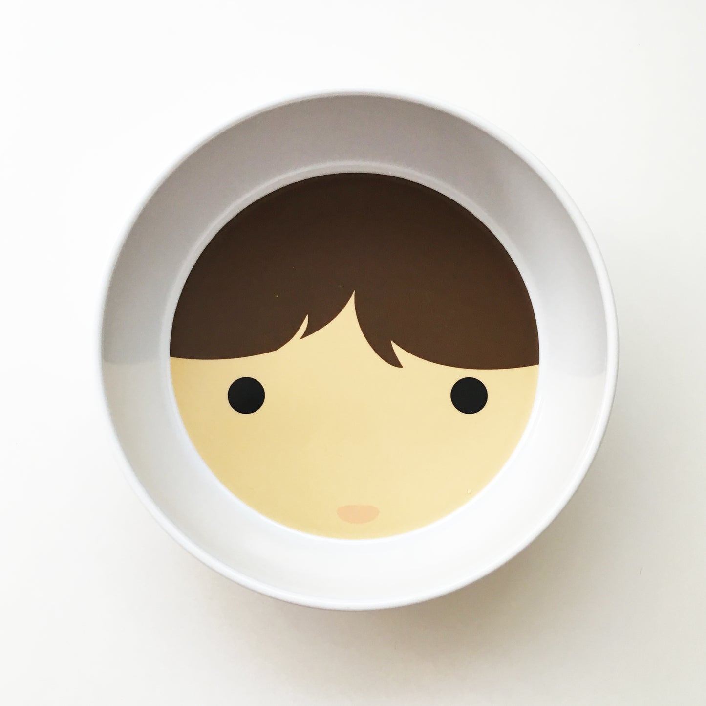 Dylbug personalized little me bowl with brown hair and eyes.