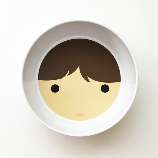 Dylbug personalized little me bowl with brown hair and eyes.