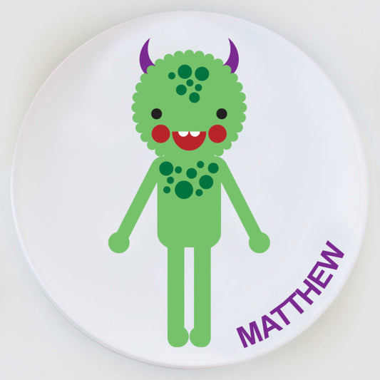 Dylbug Personalized Monster Plate in Green.  Perfect to spark kids imagination at meal time.