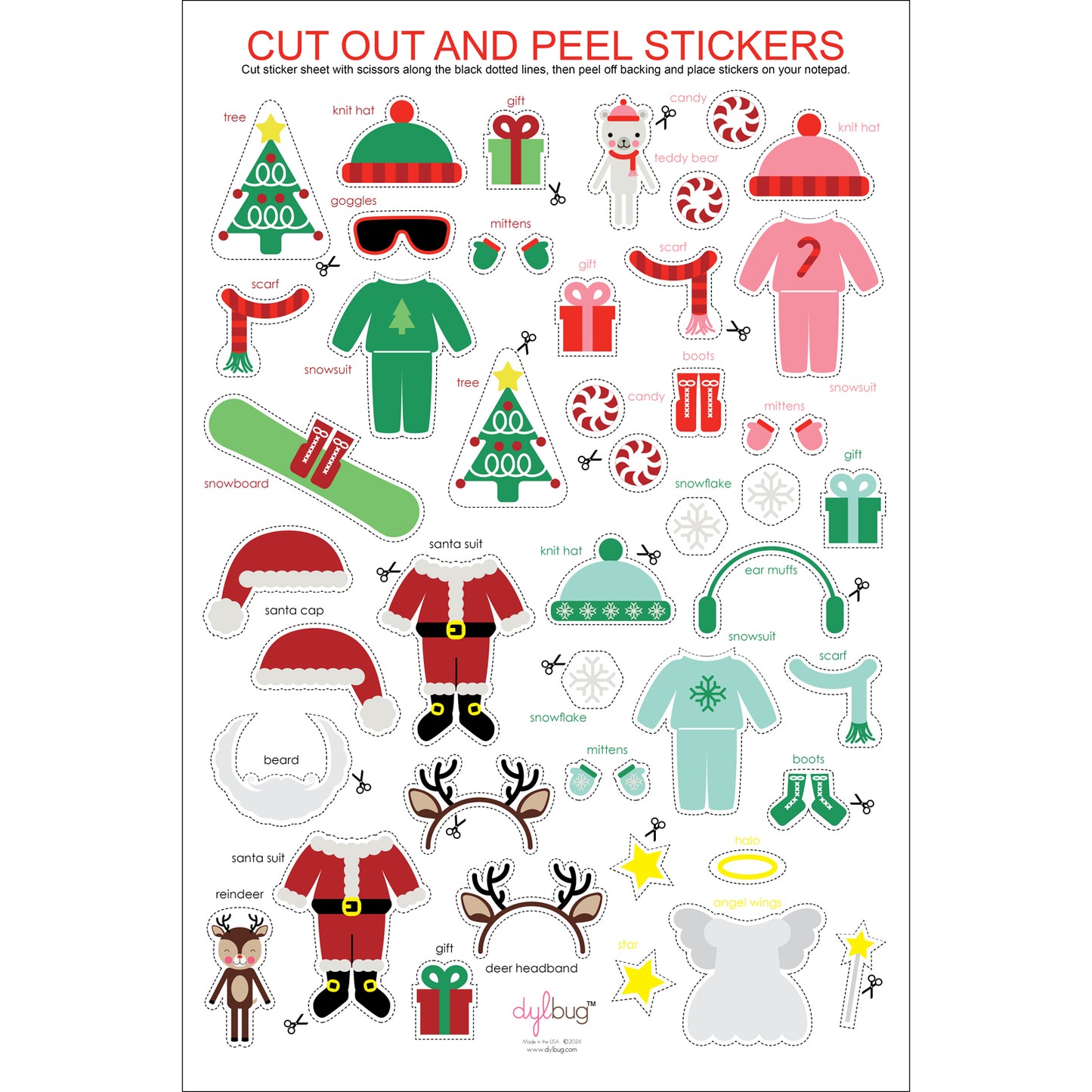 Christmas edition Dylbug Paper Dolls Sticker Sheet. perfect for the creative sticker loving kid in your life.
