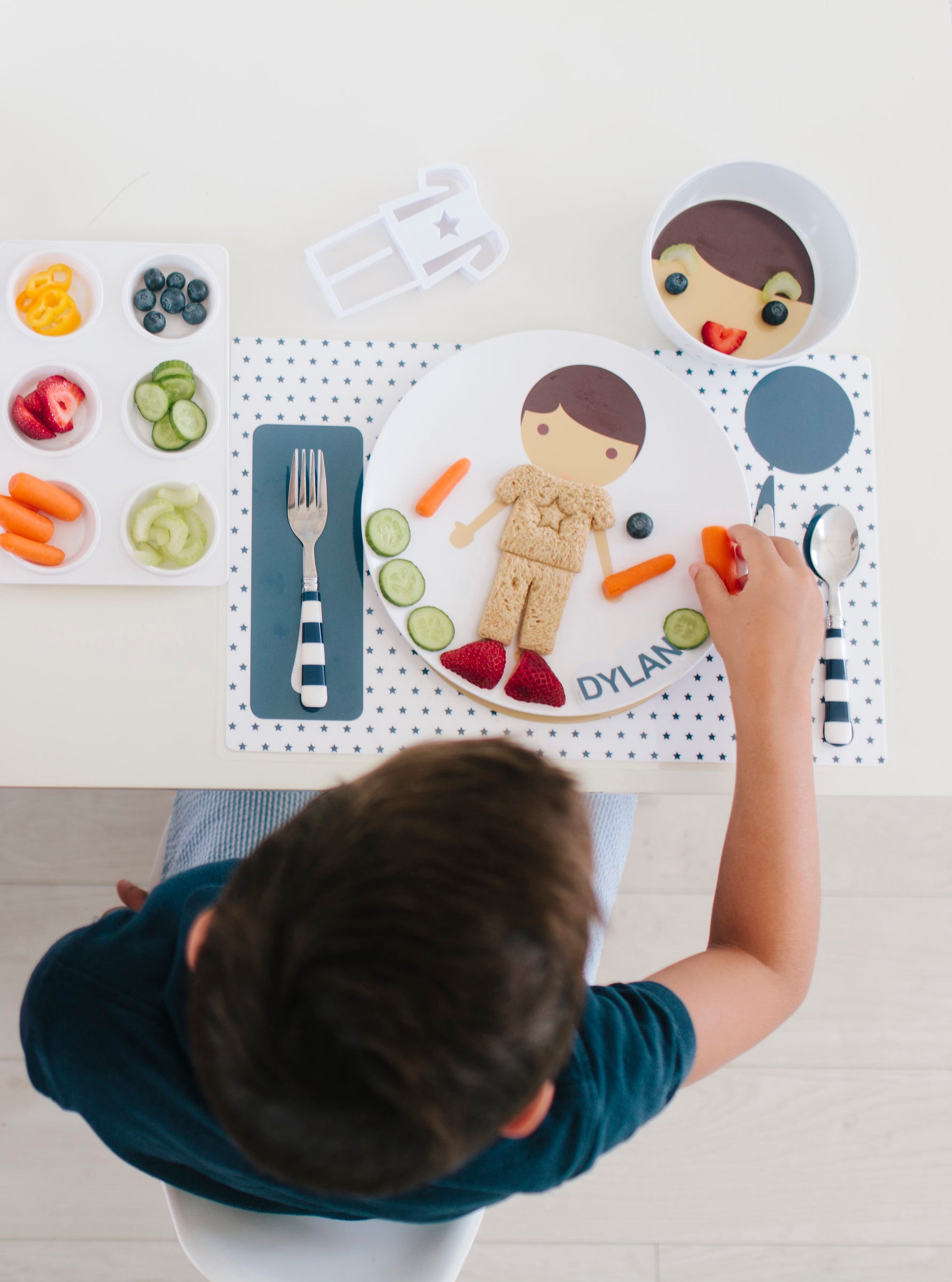 Dylbug Completely Customizable Dishes for Kids with Personalized Dylbug Little Me Boy Dish Set in blue with Plate, bowl and placemat