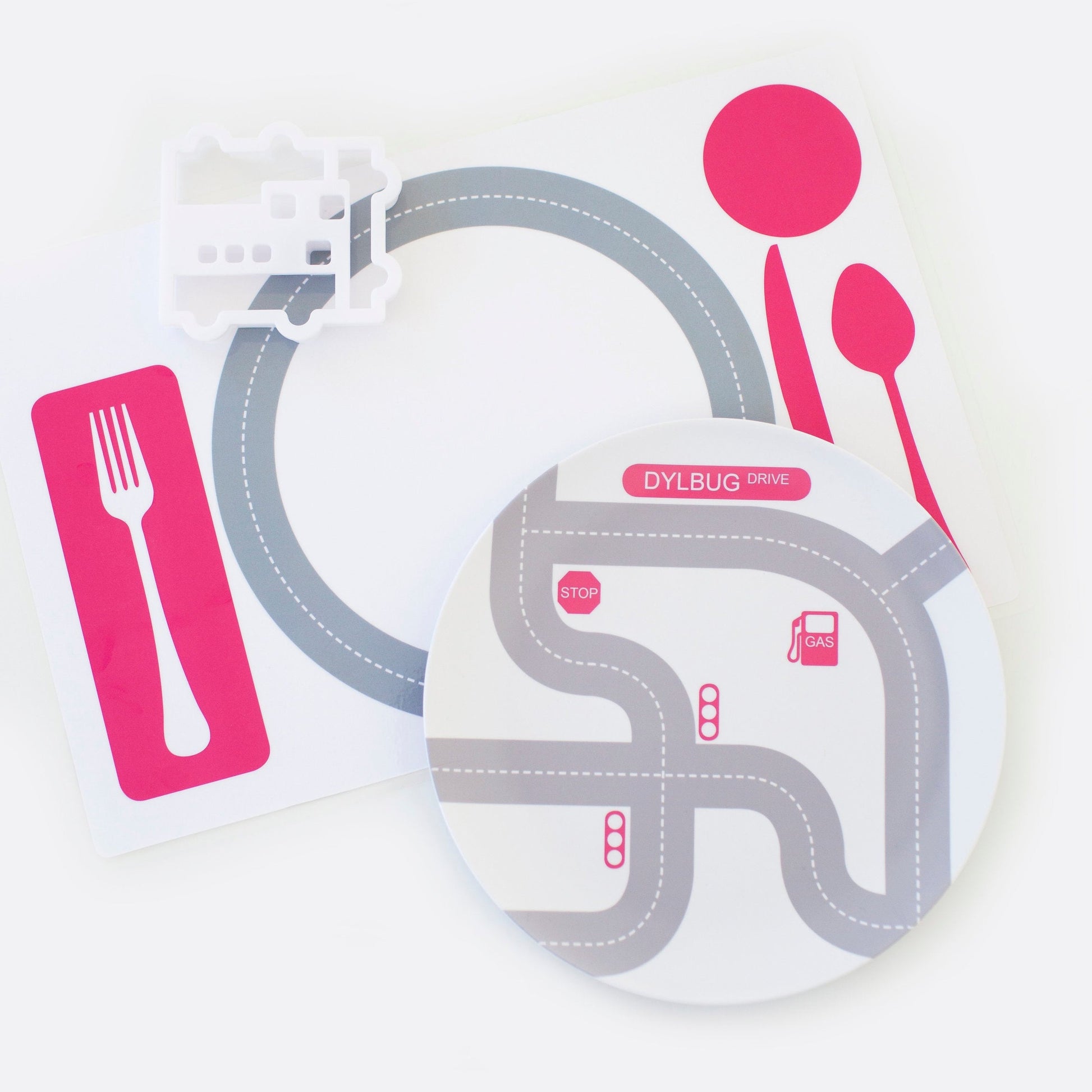 Custom Dylbug Cars Vehicles Dish set in pink from our Drivers collection including plate and placemat.