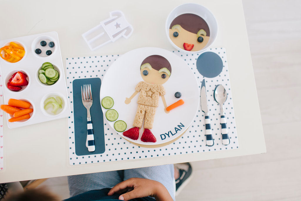 Little Me Boy plate and dish set with star pants food cutter used to cut a sandwich and decorate the plate