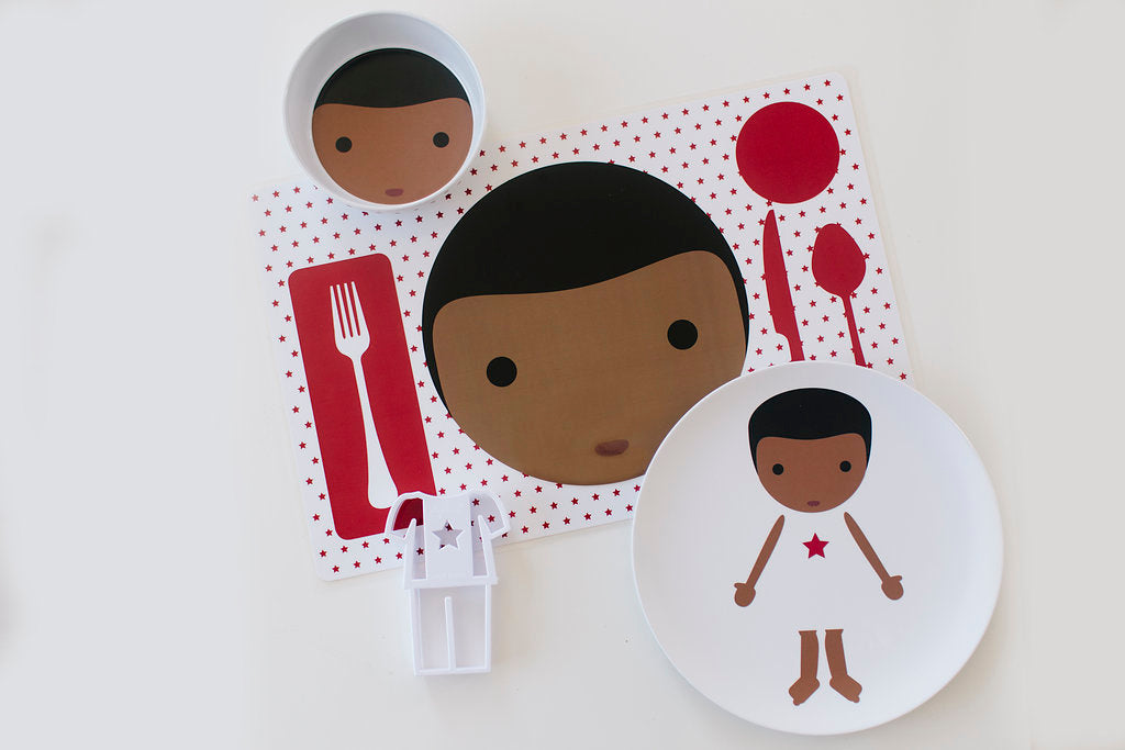 Dylbug personalized little me boy dish set in red for kids including plate, placemat, bowl, and star pants food cutter.