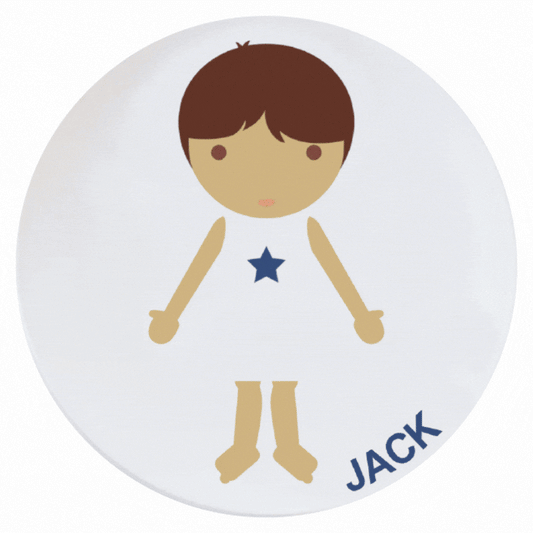 Video of how to use a Dylbug Little Me Boy Dress Up Plate by dressing up the plate with healthy foods.