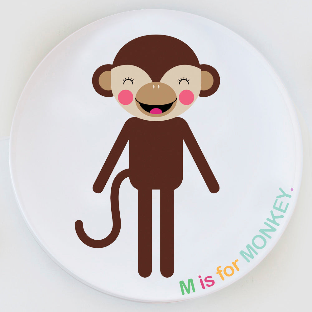 Custom Dylbug Monkey Plate with M is for Monkey design.perfect for kids of all ages and picky eaters alike making meal time fun and stress free
