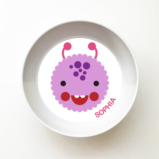 Dylbug Personalized Monster Bowl in Purple. Perfect for meal time fun and creativity.