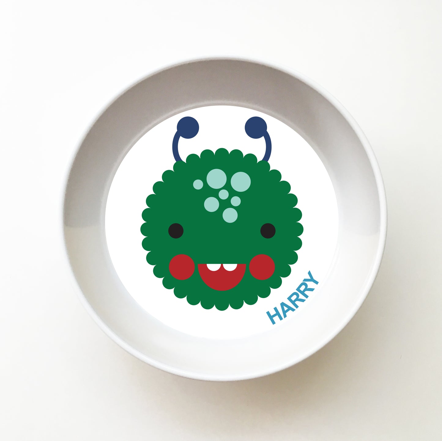 Dylbug Personalized Monster Bowl in green. Perfect for meal time fun and creativity.