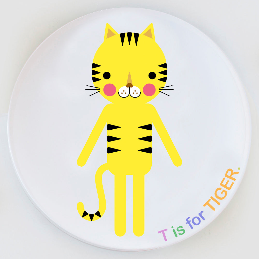 Custom Dylbug tiger Plate with T is for tiger design.perfect for kids of all ages and picky eaters alike making meal time fun and stress free