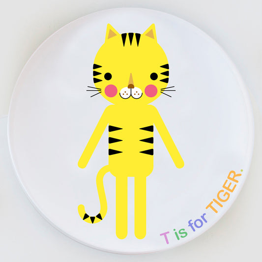 Custom Dylbug tiger Plate with T is for tiger design.perfect for kids of all ages and picky eaters alike making meal time fun and stress free