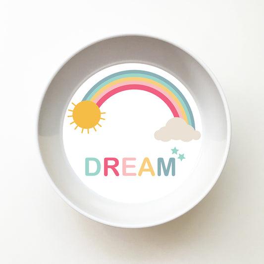 Dylbug Unicorn Pink Bowl with rainbow and dream design. perfect for snacks.