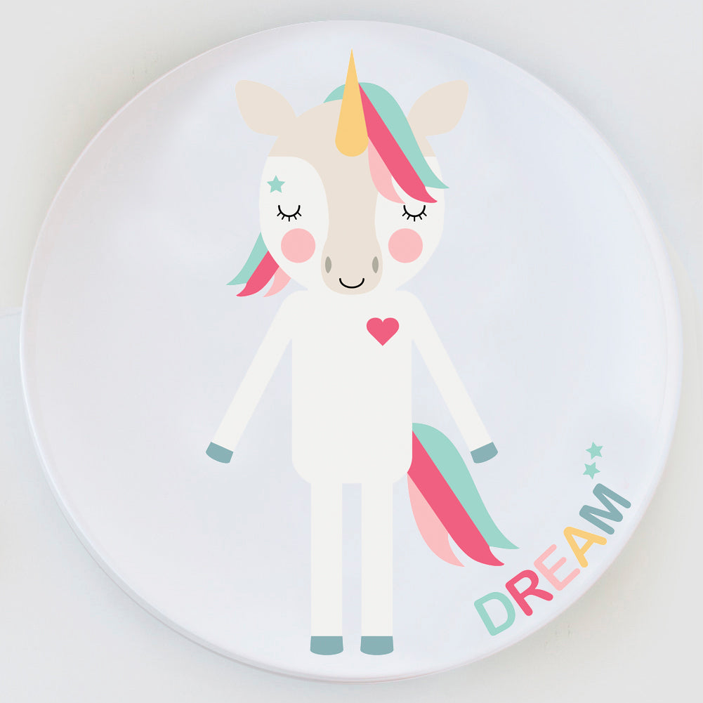 Dylbug Unicorn Pink Plate. Get with Dream design or customize with your child's name. Perfect for making meal times magical and stress free