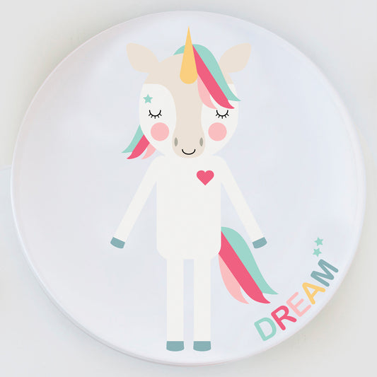 Dylbug Unicorn Pink Plate. Get with Dream design or customize with your child's name. Perfect for making meal times magical and stress free