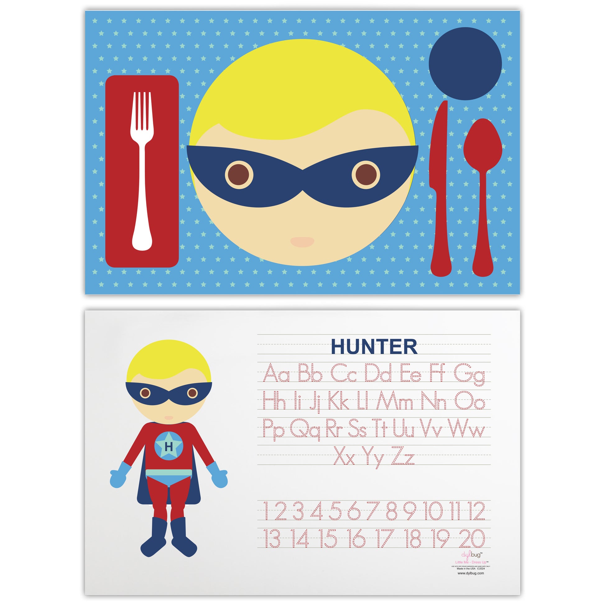 front and back side of Dylbug personalized superhero boy placemat in blue. with activities. Customize skin tone, hair style, hair color, eye color to look just like your little one.