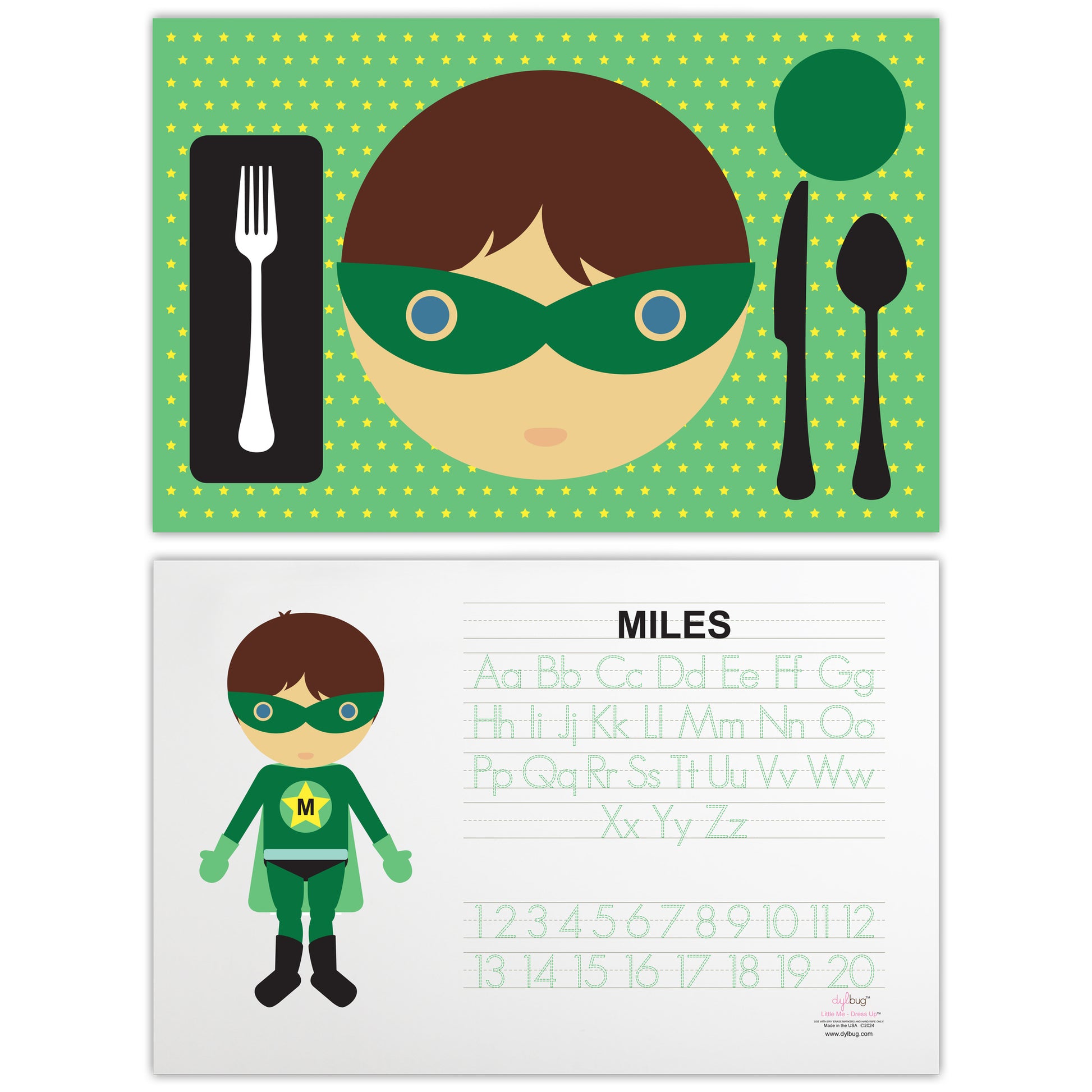 front and back side of Dylbug personalized superhero boy placemat in green. with activities. Customize skin tone, hair style, hair color, eye color to look just like your little one.