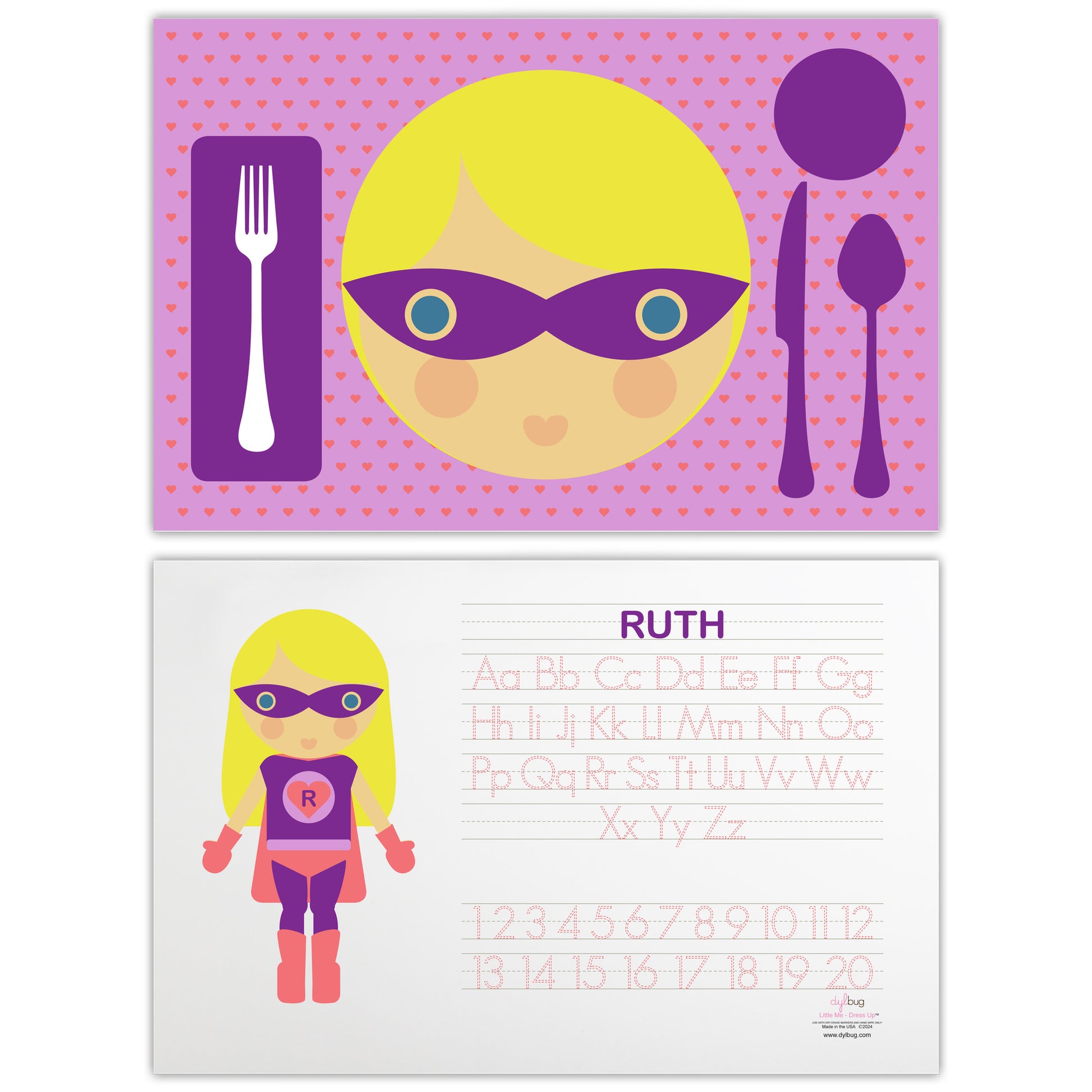 front and back side of Dylbug personalized superhero girl placemat in purple. with activities. Customize skin tone, hair style, hair color, eye color to look just like your little one.