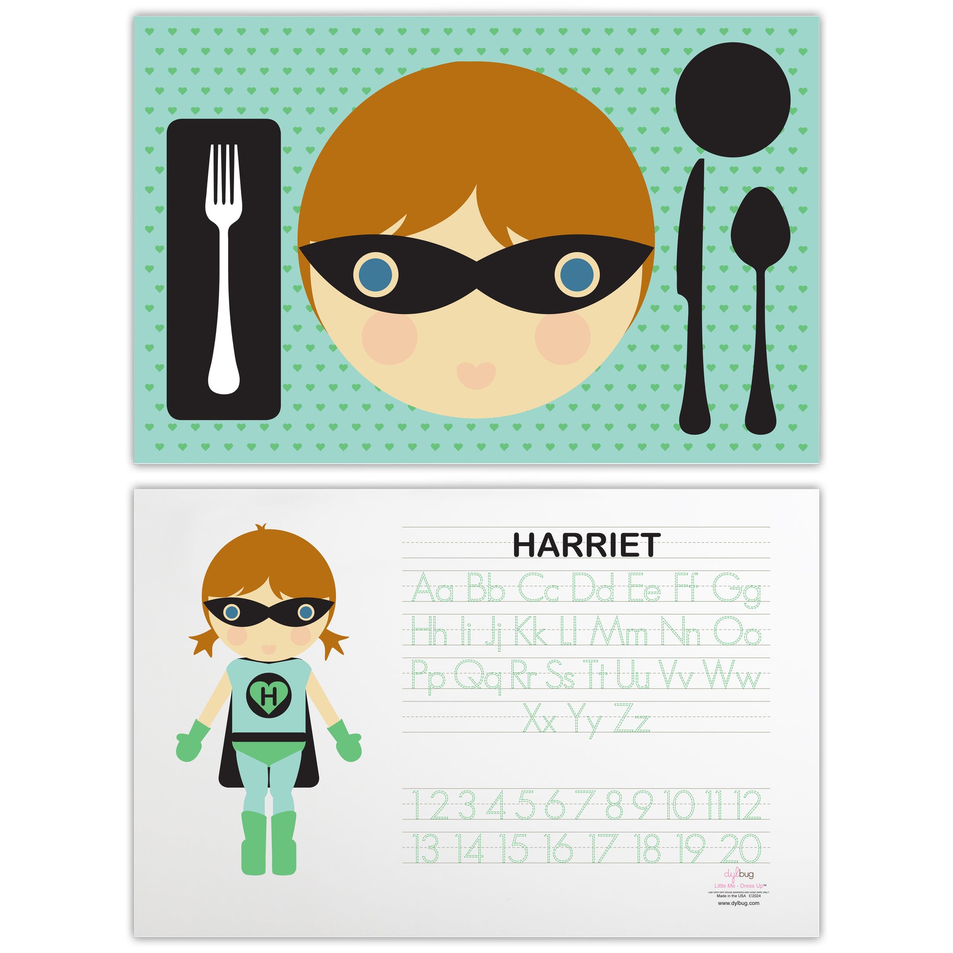 front and back side of Dylbug personalized superhero girl placemat in green. with activities. Customize skin tone, hair style, hair color, eye color to look just like your little one.