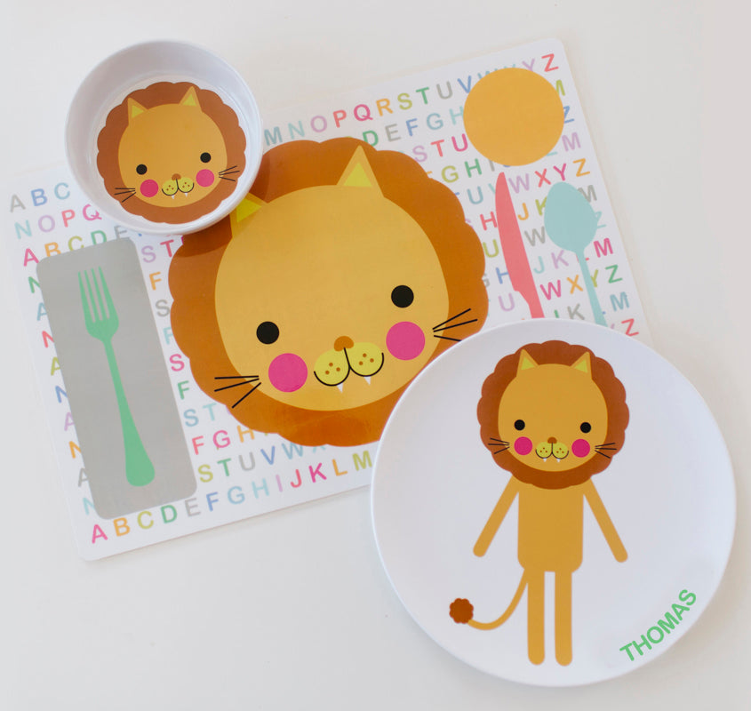 Personalized Dylbug Lon Dish Set for kids including Lion plate, lion bow, and lion placemat.