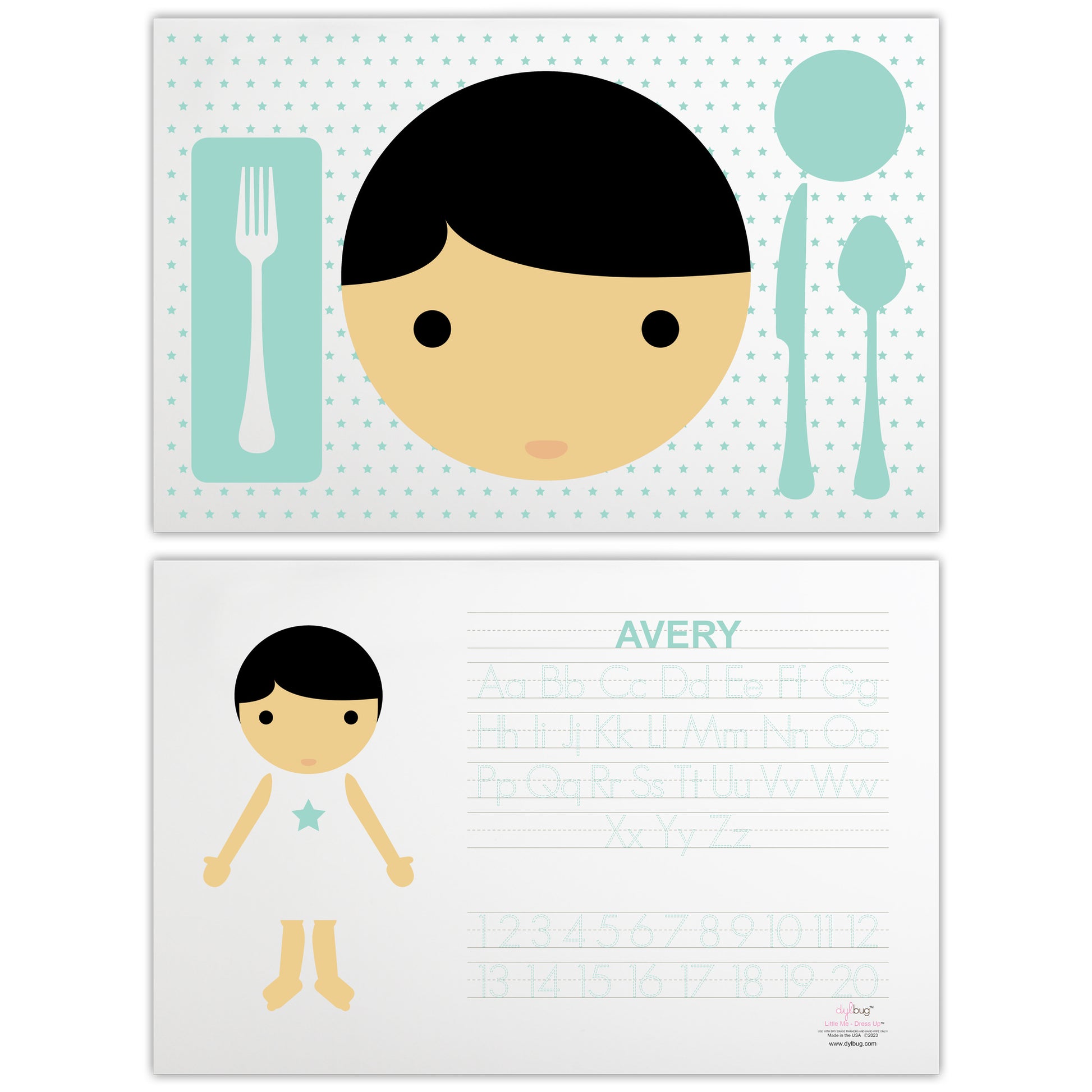 dylbug personalized little me placemat is double sided with the activity side and the personalized face side