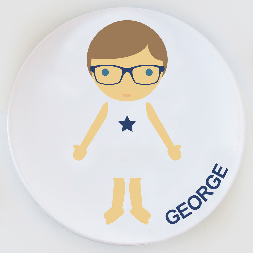 Dylbug personalized plate for boys in blue. Personalize your plate to look just like your child including skin color, eye color, hair style and hair color, add glasses or freckles.