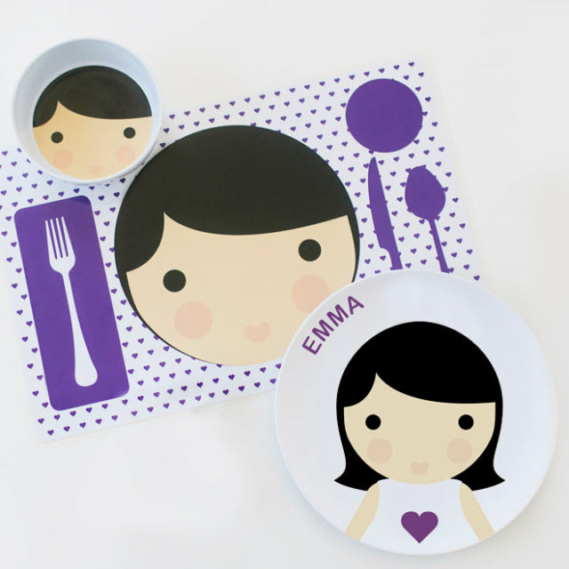Dylbug Personalized Little Me Girl Face Dish Set in purple, including  plate, bowl, and placemat - making mealtimes fun for picky eaters.