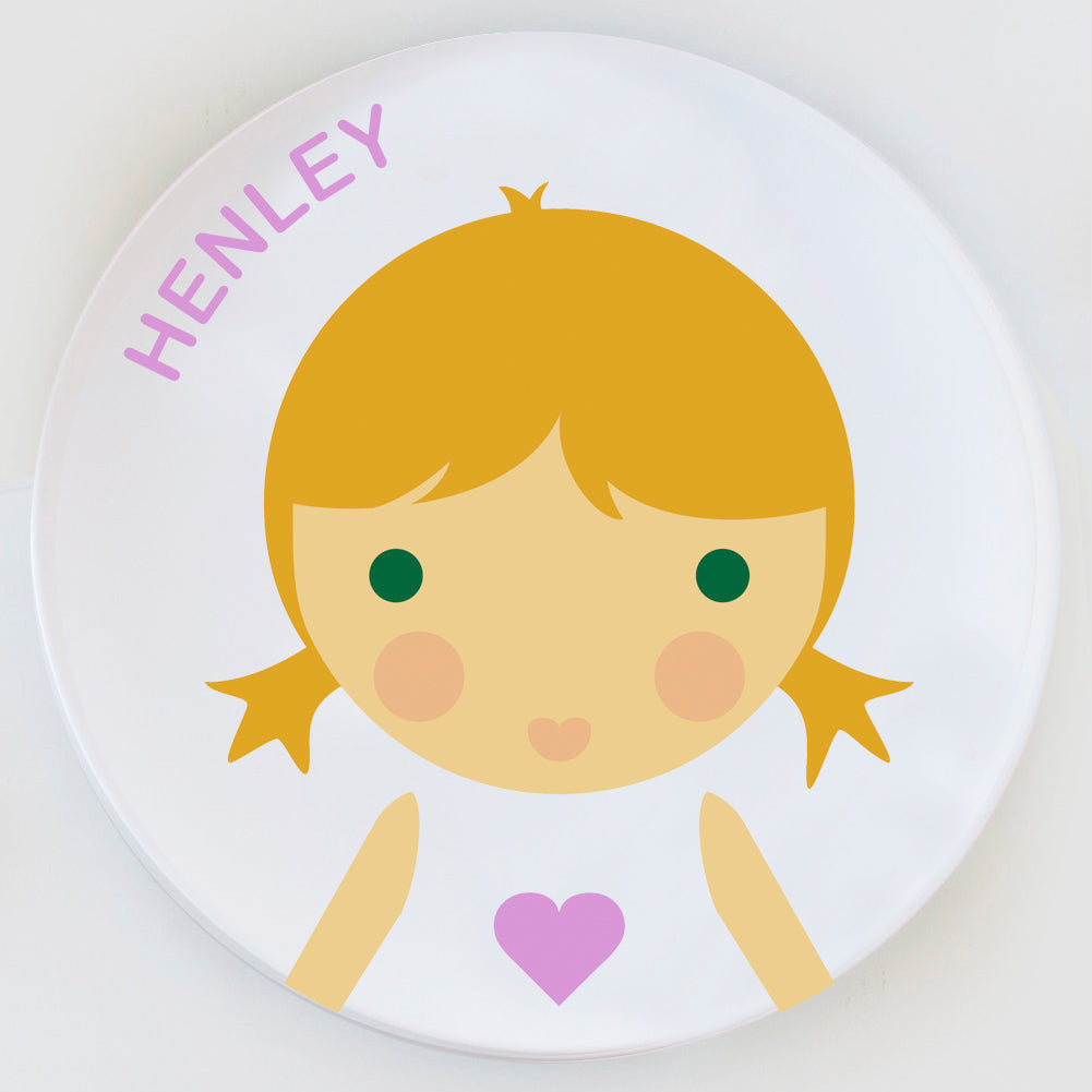 Personalized Dylbug Little girl face plate in purple.