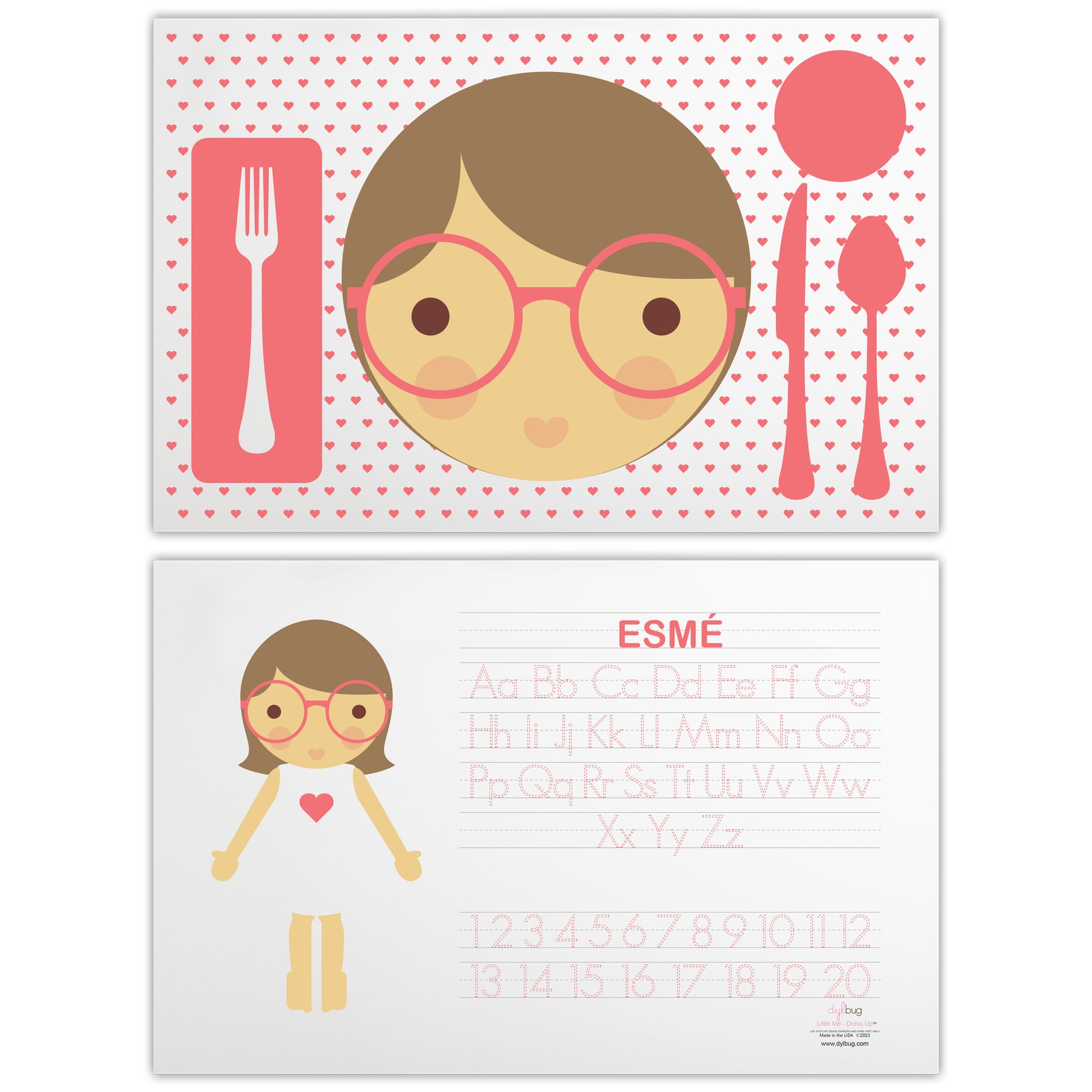 Dylbug personalized placemat in pink. Placemat is double sided including an activity side with letter tracing and customized face side.