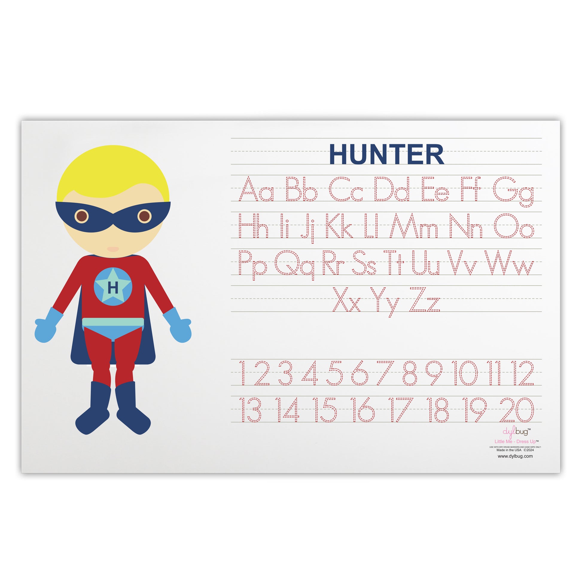 back side of Dylbug personalized superhero boy placemat in blue. with activities. Customize skin tone, hair style, hair color, eye color to look just like your little one.