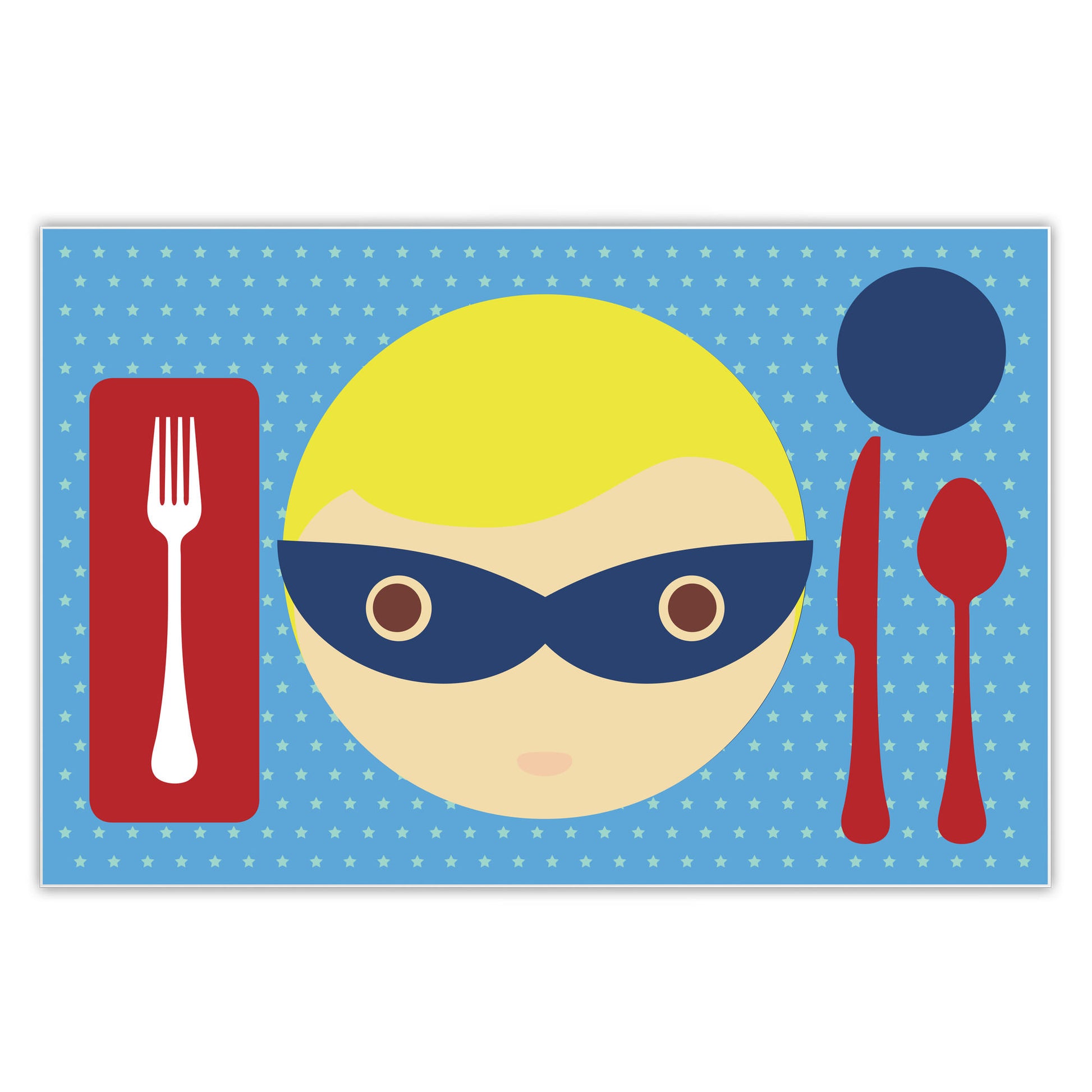 front side of Dylbug personalized superhero boy placemat in blue. with activities. Customize skin tone, hair style, hair color, eye color to look just like your little one.