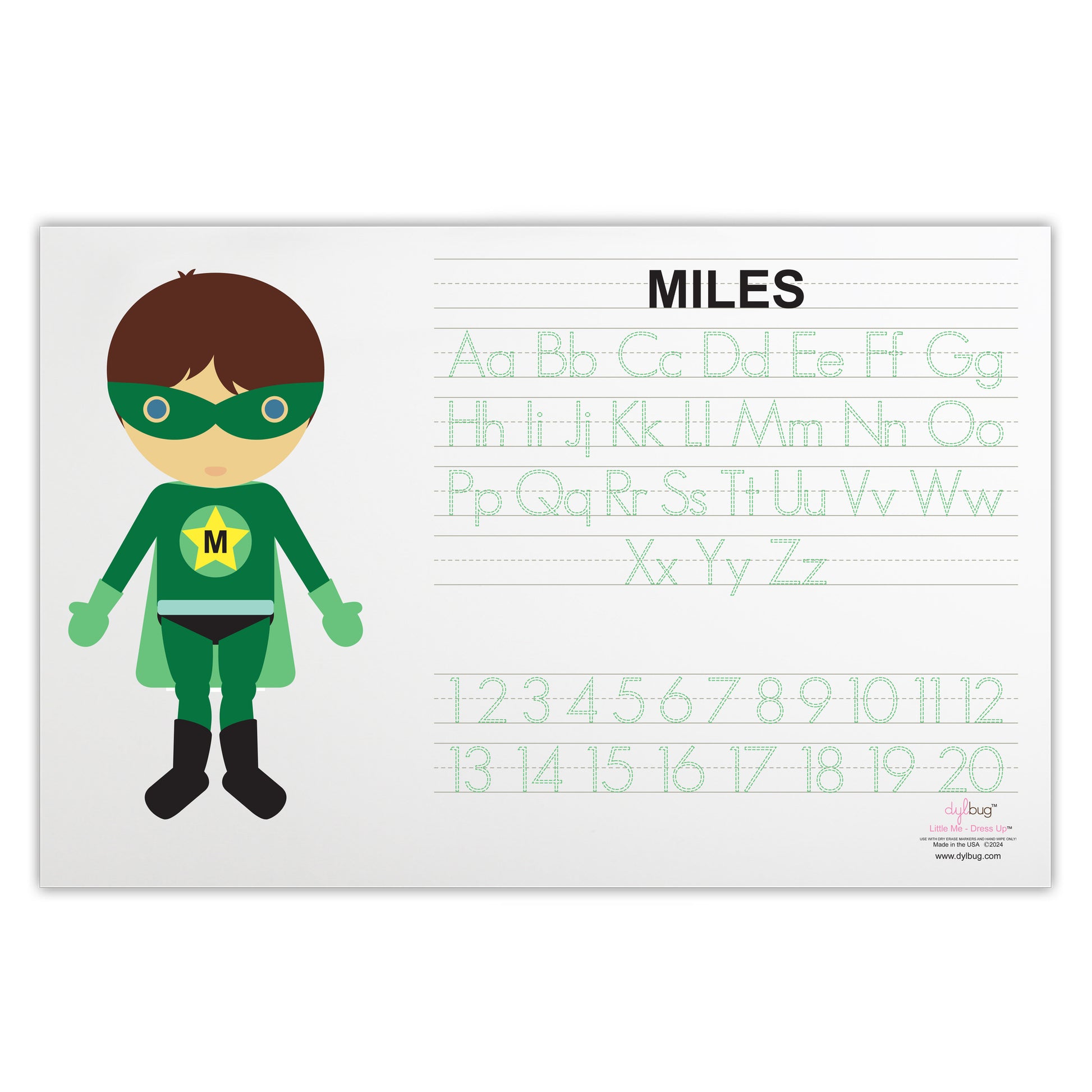 back side of Dylbug personalized superhero boy placemat in green. with activities. Customize skin tone, hair style, hair color, eye color to look just like your little one.