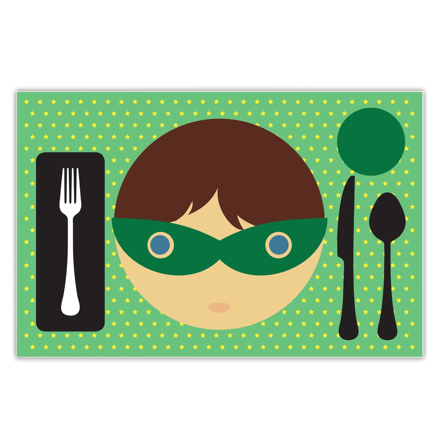 front side of Dylbug personalized superhero boy placemat in green. with activities. Customize skin tone, hair style, hair color, eye color to look just like your little one.