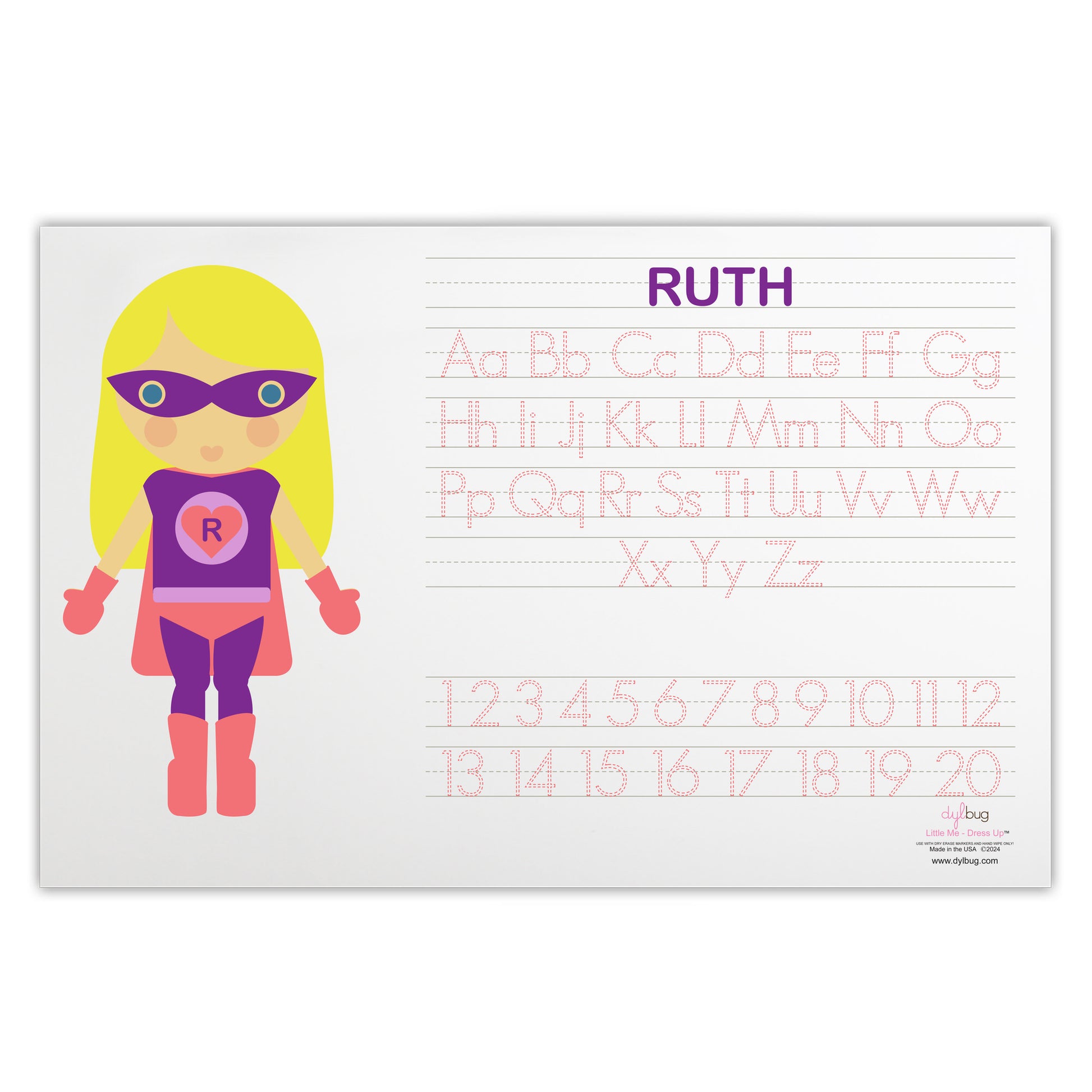 back side of Dylbug personalized superhero girl placemat in purple. with activities. Customize skin tone, hair style, hair color, eye color to look just like your little one.