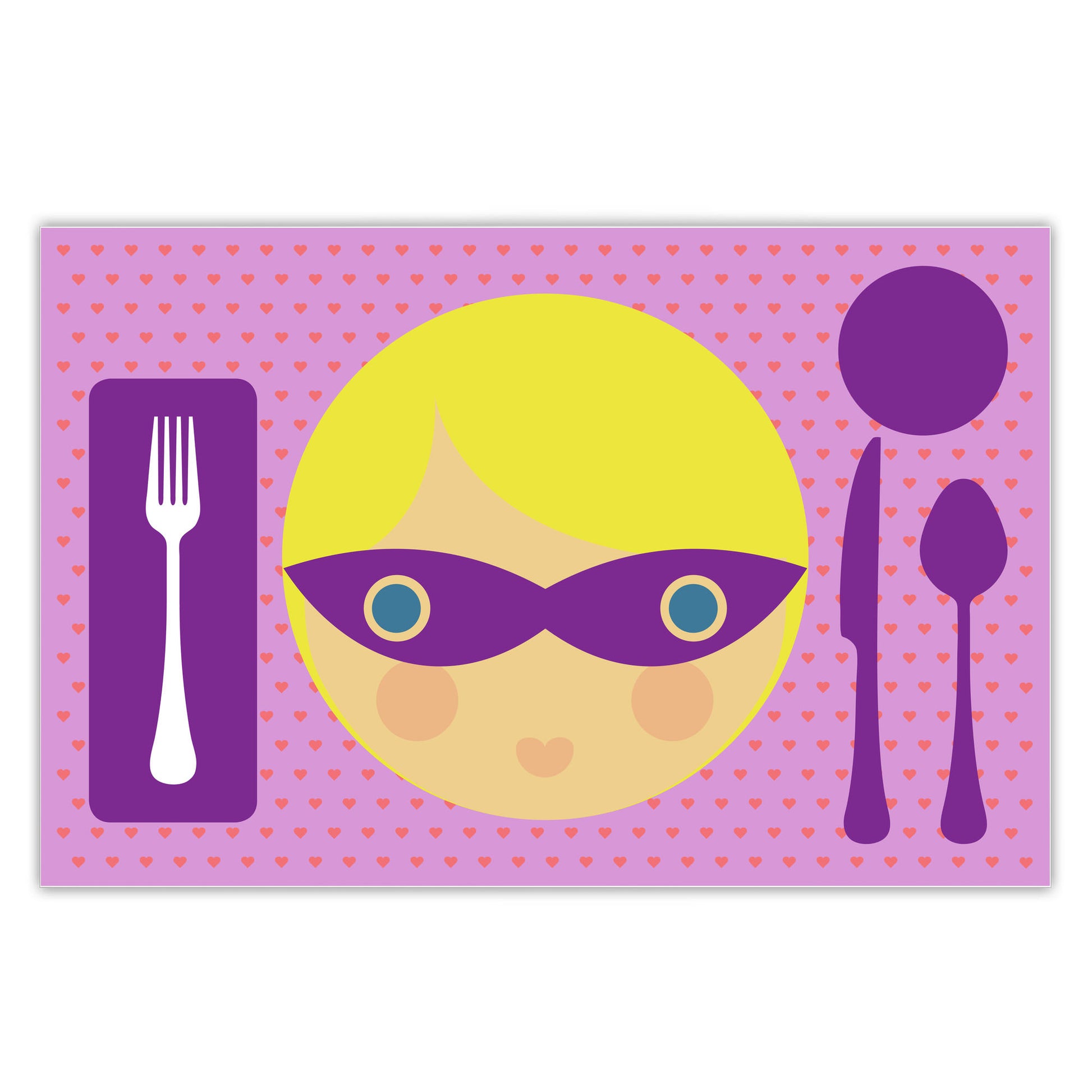 Front side of Dylbug personalized superhero girl placemat in purple. Customize skin tone, hair style, hair color, eye color to look just like your little one.