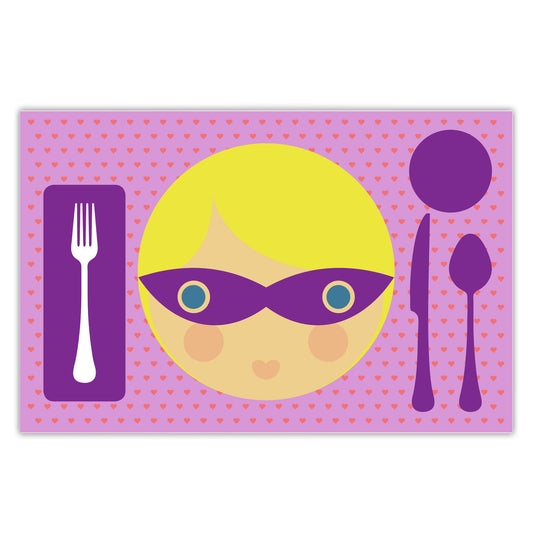 Front side of Dylbug personalized superhero girl placemat in purple. Customize skin tone, hair style, hair color, eye color to look just like your little one.