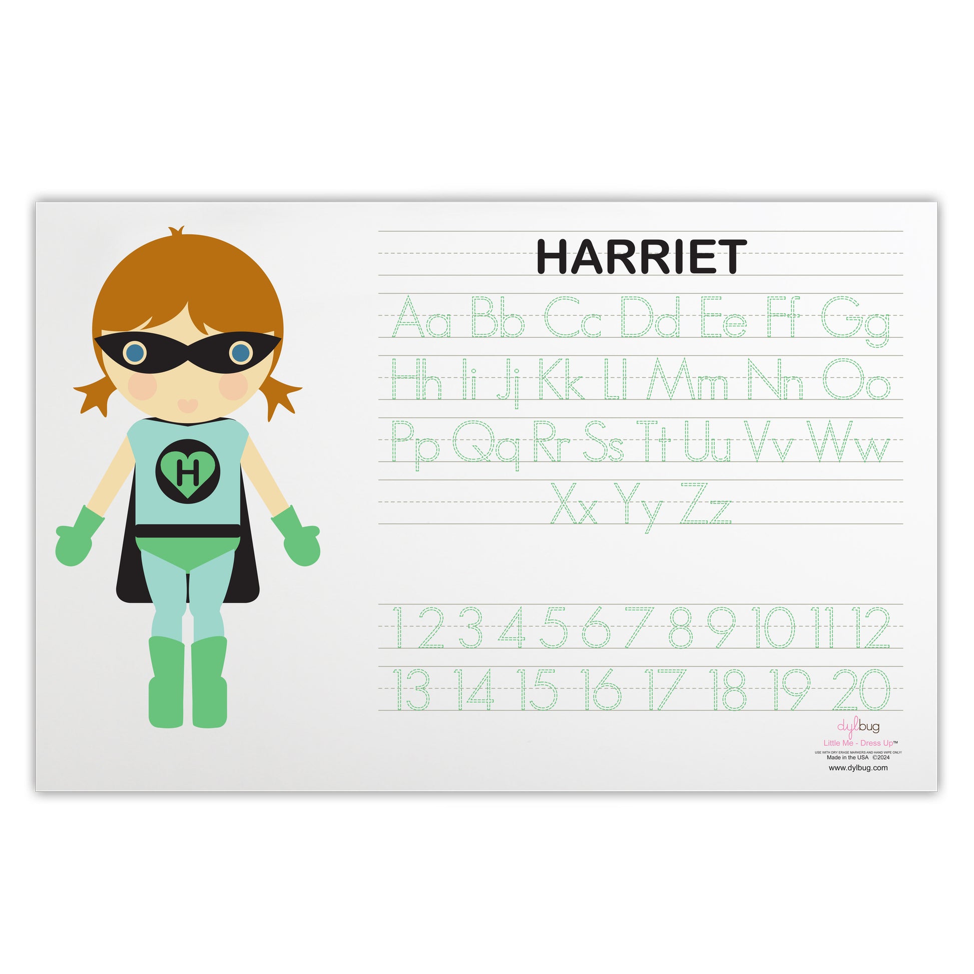 back side of Dylbug personalized superhero girl placemat in green. with activities. Customize skin tone, hair style, hair color, eye color to look just like your little one.