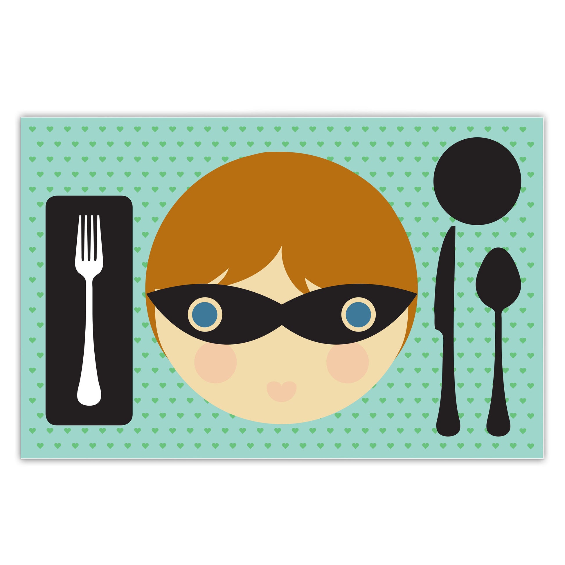 front side of Dylbug personalized superhero girl placemat in green. with activities. Customize skin tone, hair style, hair color, eye color to look just like your little one.
