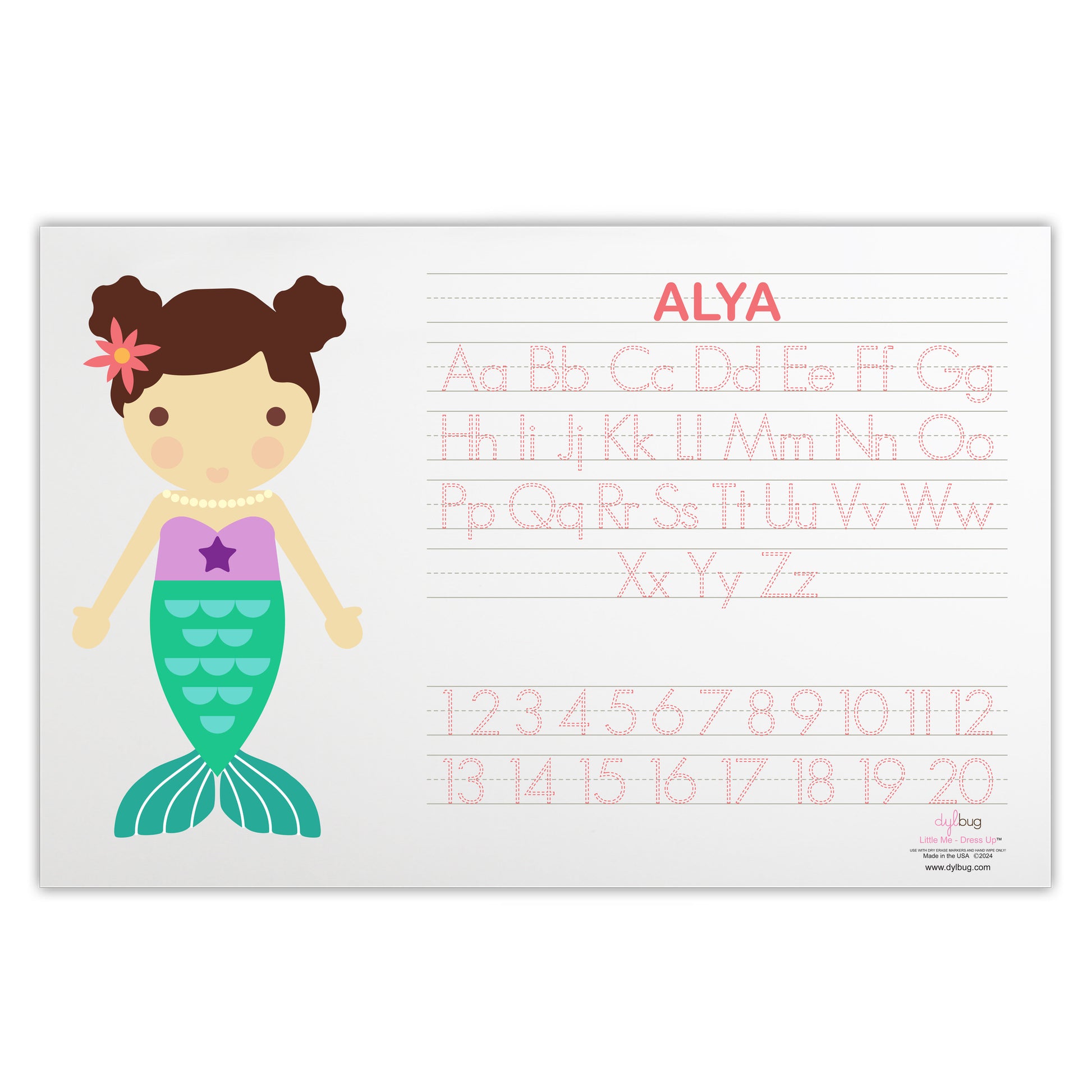back side of personalized Dylbug little me mermaid placemat in green with activities.