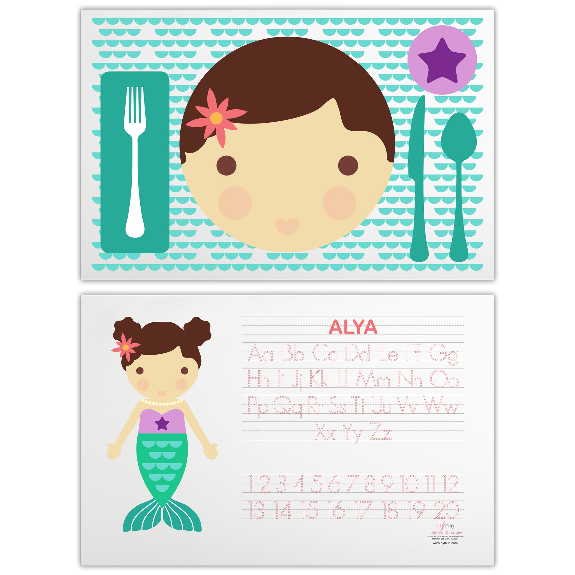 front and back side of personalized Dylbug little me mermaid placemat in green with activities and personalized face design.