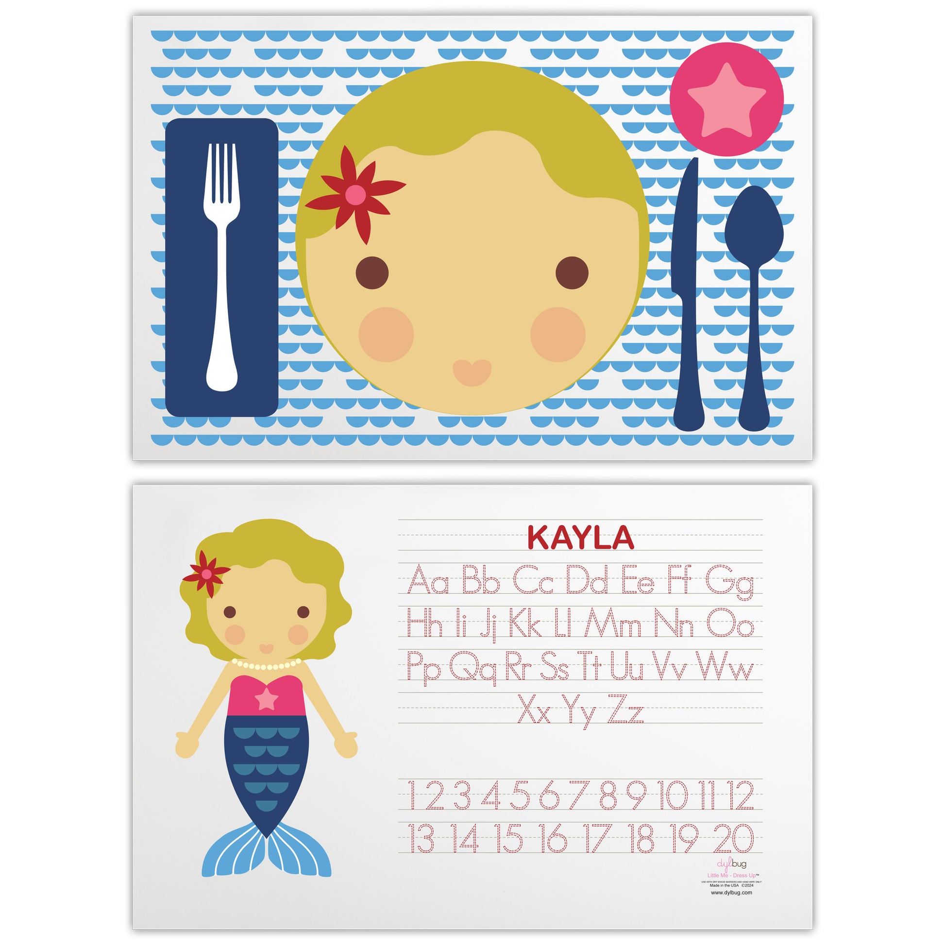 front and back side of personalized Dylbug little me mermaid placemat in blue with activities and personalized face design.