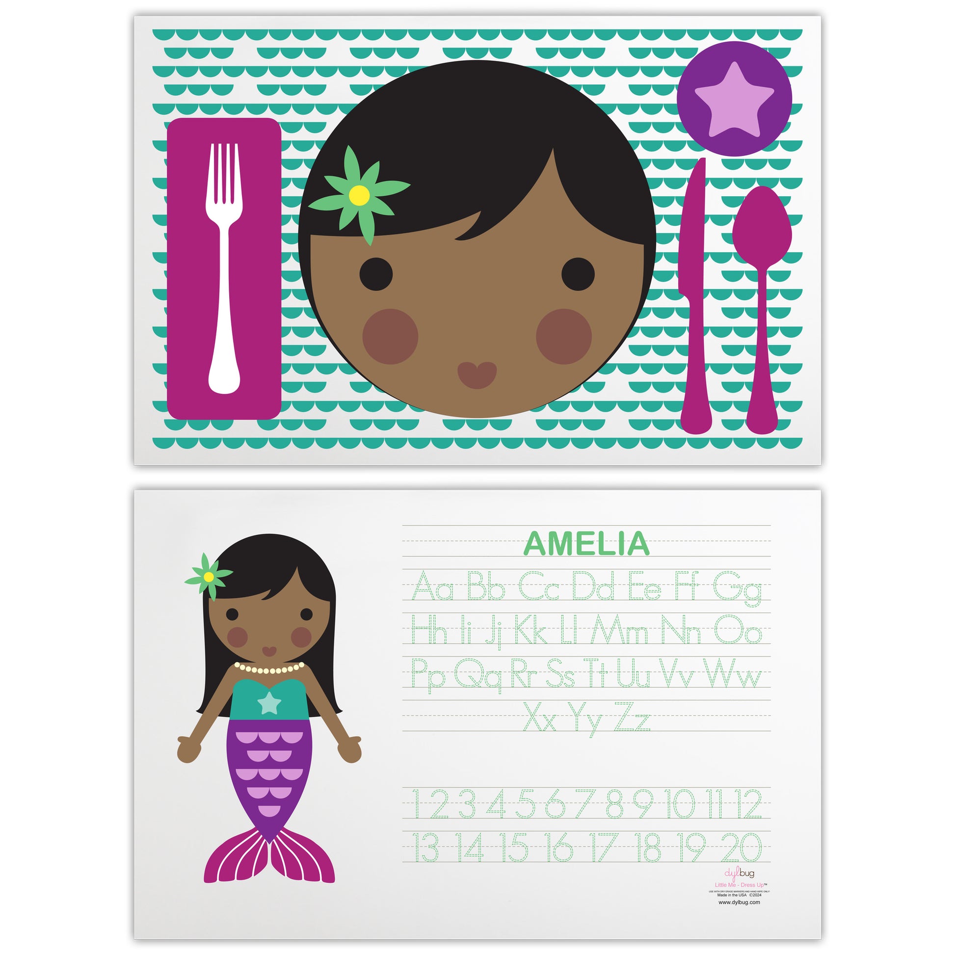 front and back side of personalized Dylbug little me mermaid placemat in purple with activities and personalized face design.