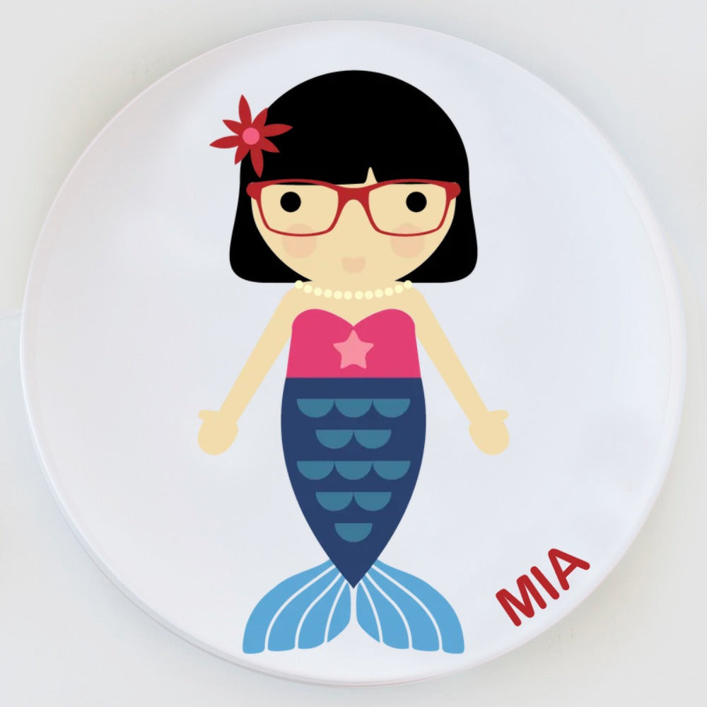Mermaid plate with blue tai. Dylbug little mel. Customize to look just like the little girl in your life.