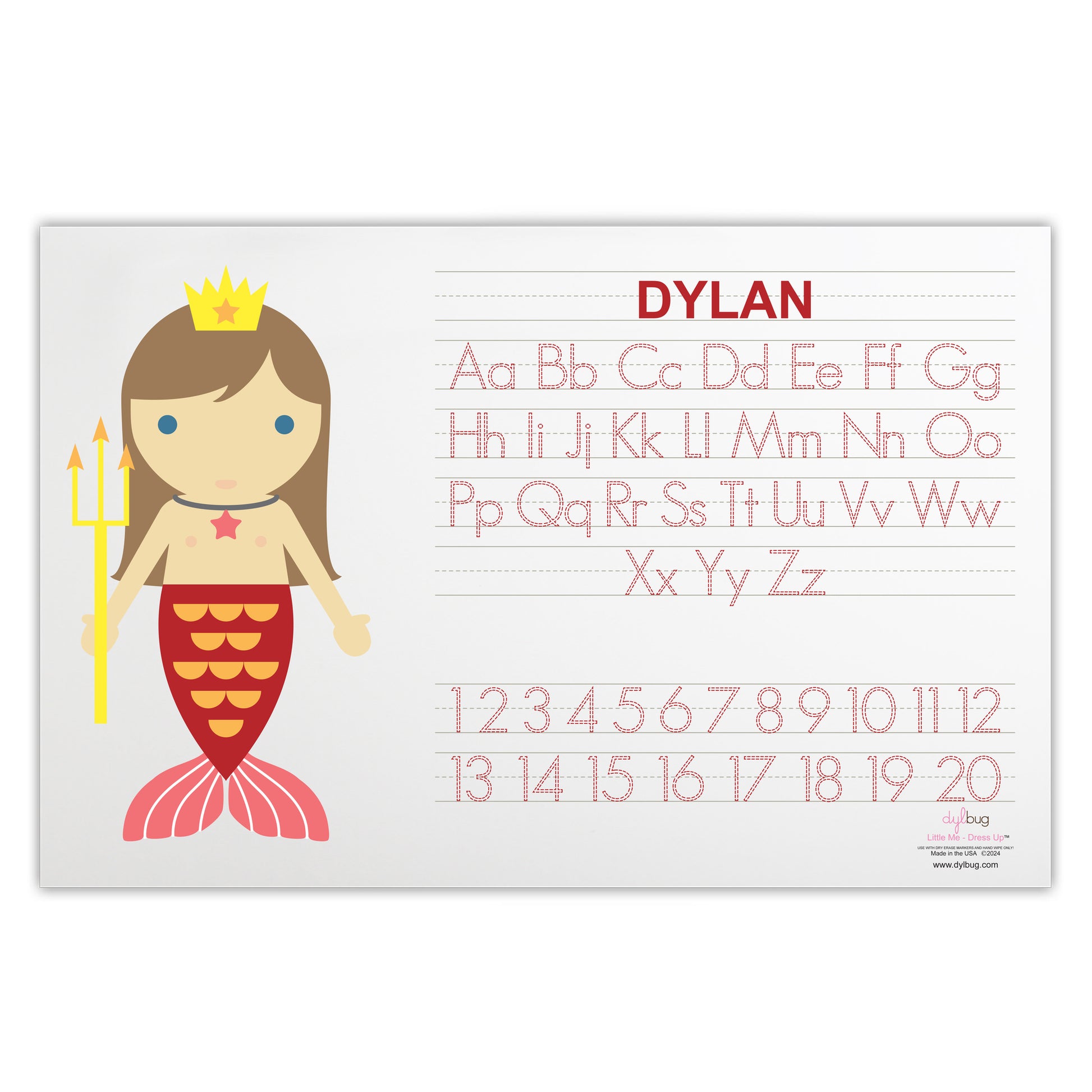 back side of personalized Dylbug little me merman placemat in red with activities