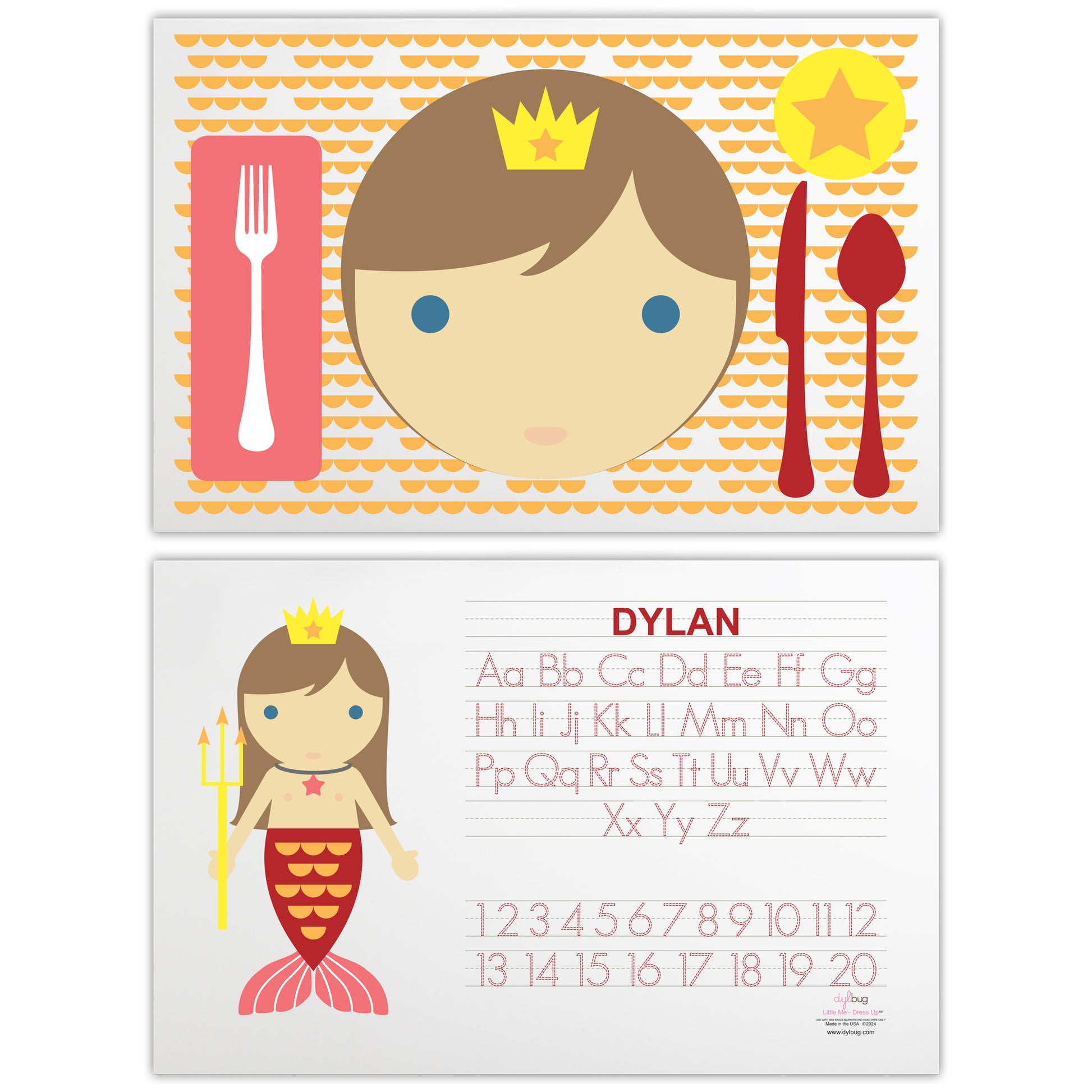 front and back side of personalized Dylbug little me merman placemat in red with activities and personalized face design.