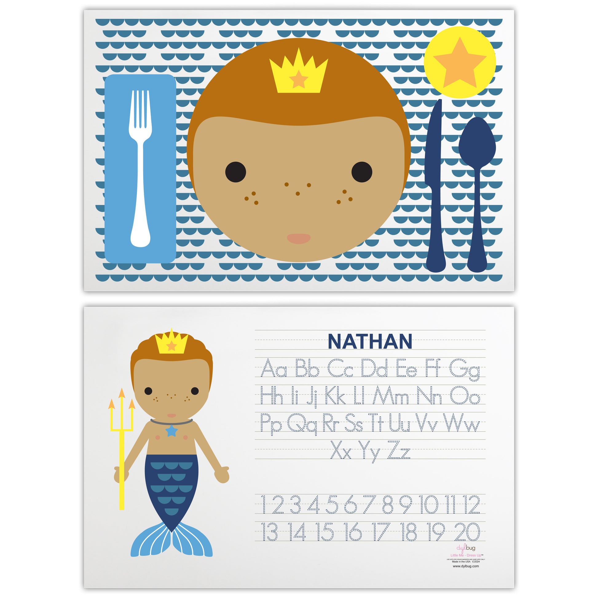 front and back side of personalized Dylbug little me merman placemat in blue with activities and personalized face design.