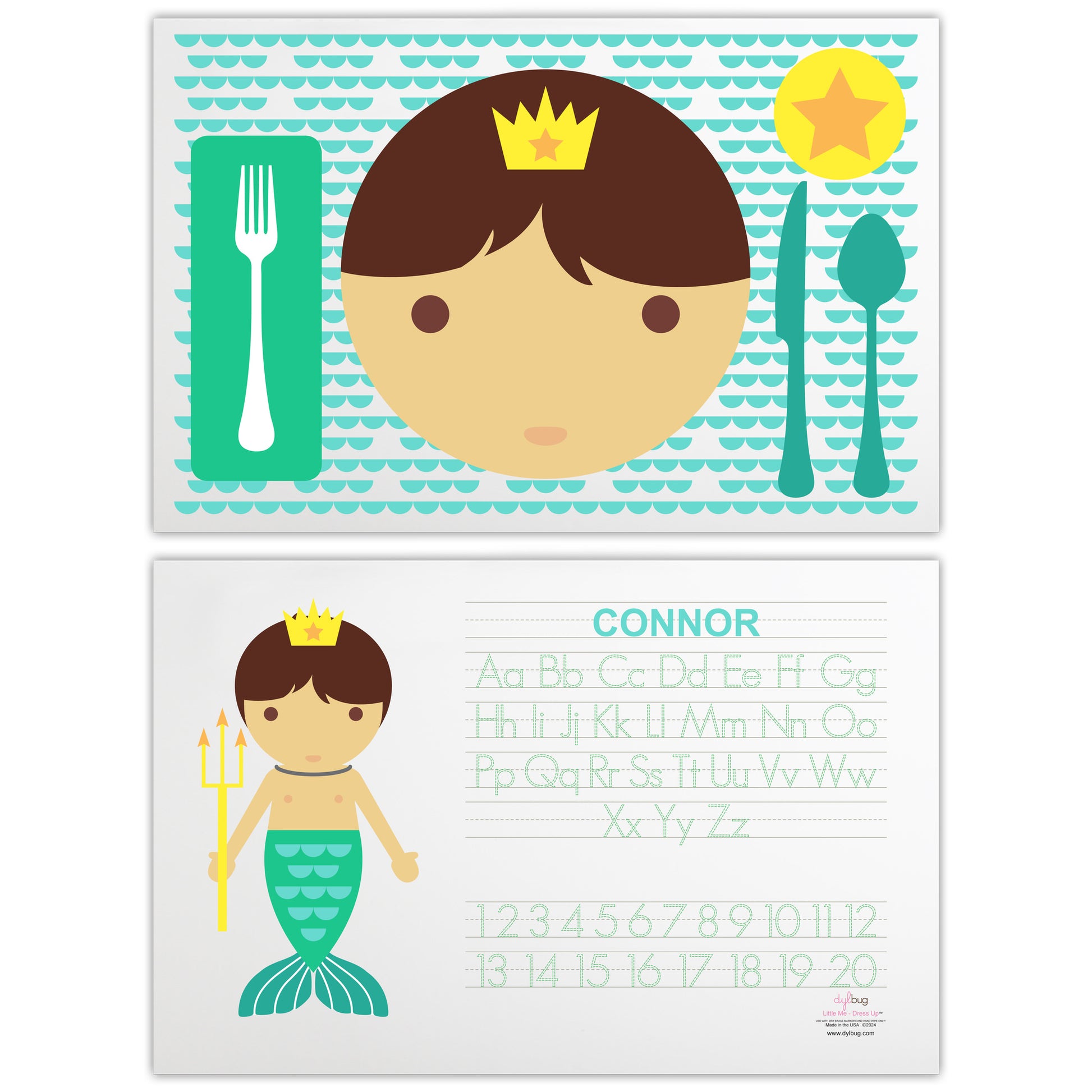 front and back side of personalized Dylbug little me merman placemat in green with activities and personalized face design.